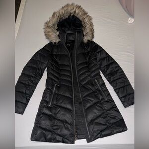 INC International Concepts Black Puffer Jacket with Faux Fur Hood